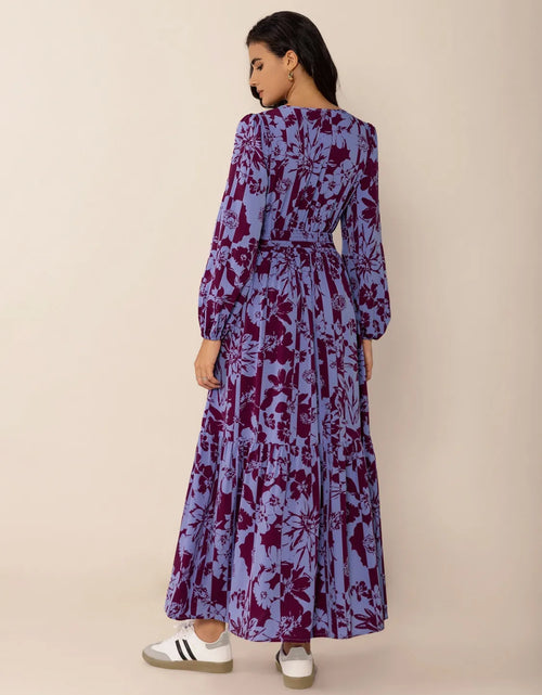 Load image into Gallery viewer, Printed Tie Neck Balloon Sleeve Maxi Dress
