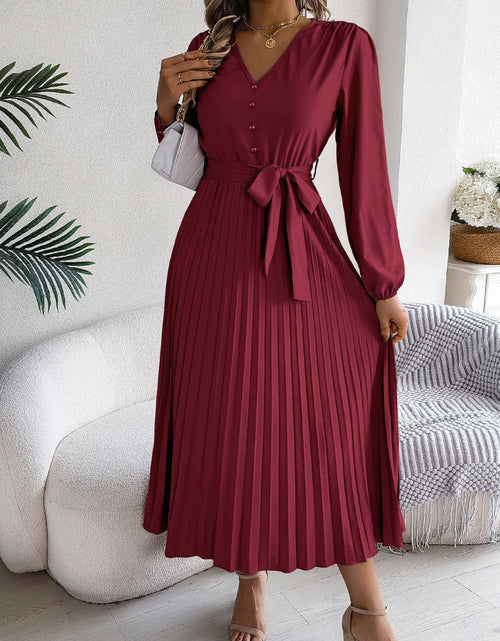 Load image into Gallery viewer, Pleated Tied V-Neck Long Sleeve Dress
