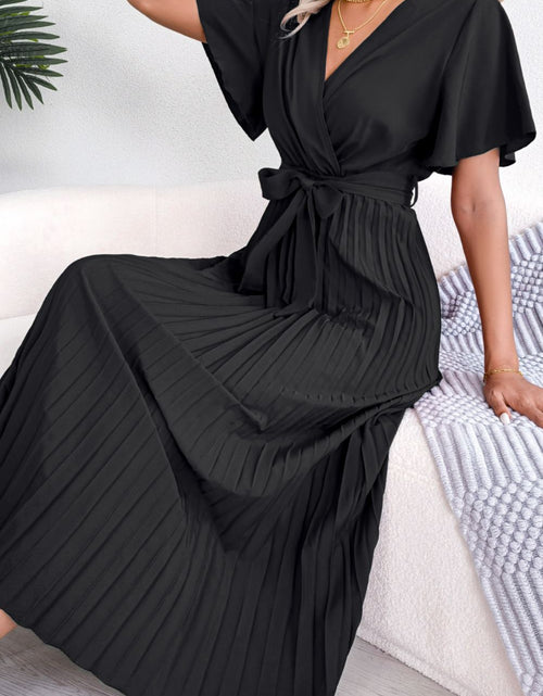 Load image into Gallery viewer, Pleated Flutter Sleeve Belted Dress
