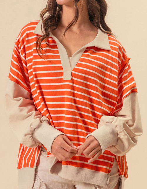 Load image into Gallery viewer, Striped Johnny Collar Long Sleeve Sweatshirt
