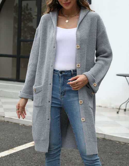 Load image into Gallery viewer, Pocketed Button Up Long Sleeve Hooded Cardigan
