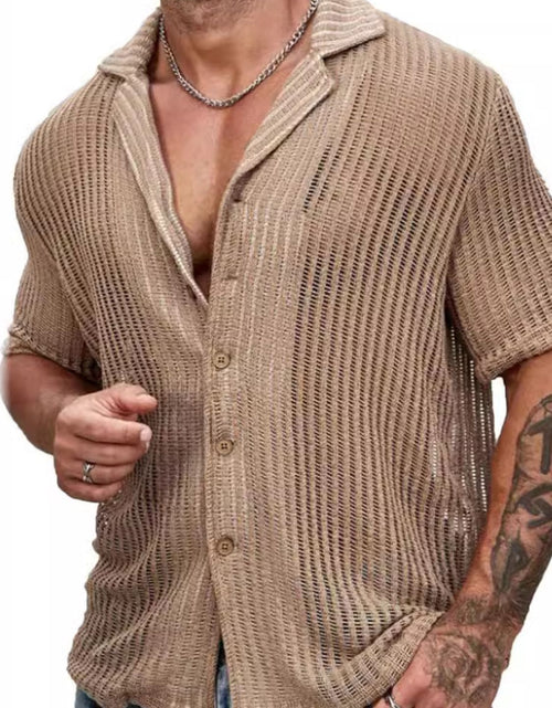 Load image into Gallery viewer, Men's Full Size Openwork Button Down Short Sleeve Shirt Plus Size
