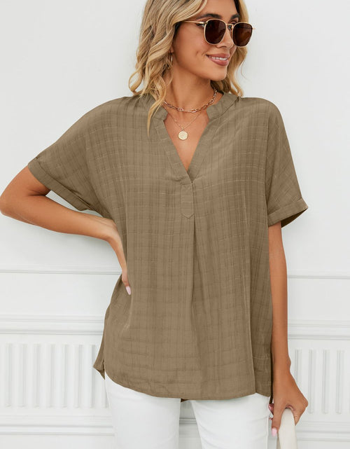 Load image into Gallery viewer, Side Slit Notched Neck Cuffed Short Sleeve Blouse
