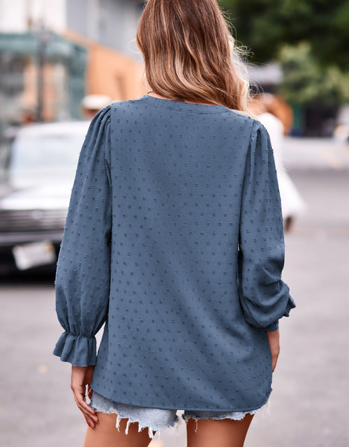 Load image into Gallery viewer, Swiss Dot Notched Neck Flounce Sleeve Blouse
