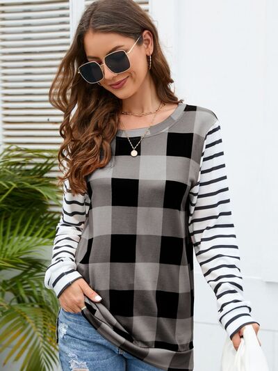 Load image into Gallery viewer, Plaid Striped Round Neck Long Sleeve T-Shirt
