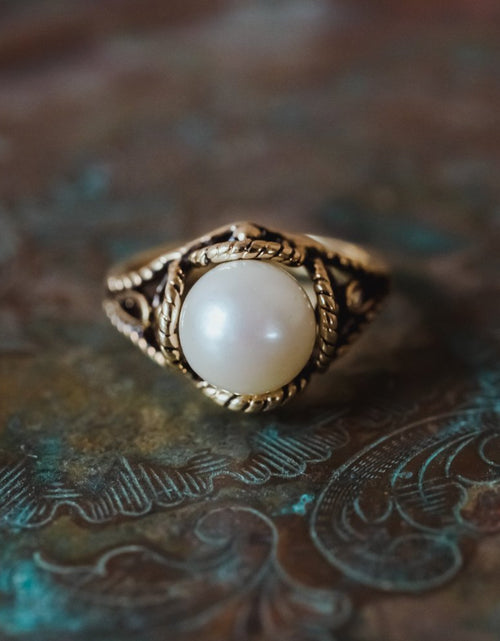 Load image into Gallery viewer, Vintage 1970's Pearl Bead Ring Antiqued 18k Gold Electroplated Made in USA by PVD Vintage Jewelry

