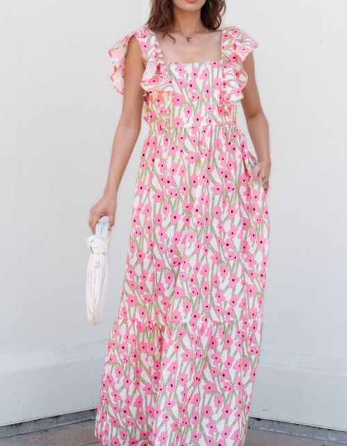 Load image into Gallery viewer, Floral Print Square Neck Ruffled Cap Sleeve Maxi Dress
