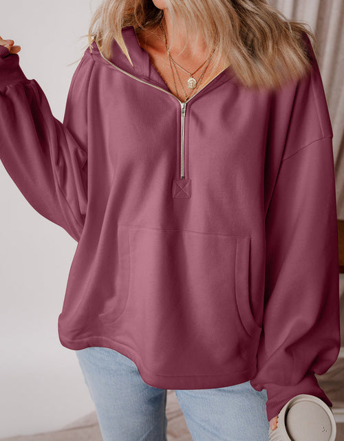 Load image into Gallery viewer, Pocketed Half Zip Dropped Shoulder Hoodie
