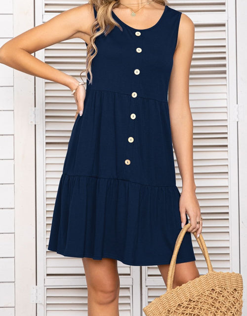 Load image into Gallery viewer, Decorative Button Scoop Neck Sleeveless Tiered Dress

