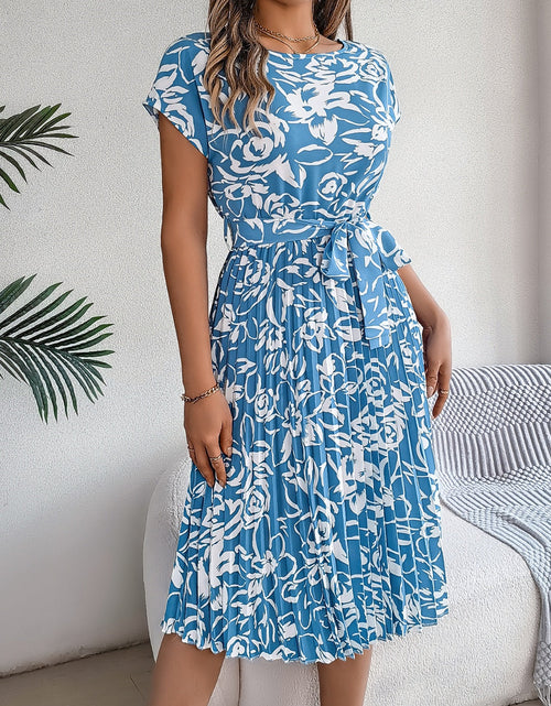 Load image into Gallery viewer, Tied Pleated Printed Short Sleeve Dress
