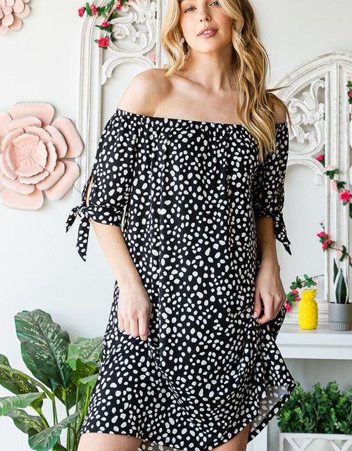 Load image into Gallery viewer, Heimish Full Size Short Sleeve Off Shoulder Animal Mini Dress Plus Size

