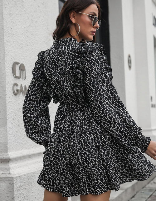 Load image into Gallery viewer, Printed Ruffle Trim Smocked Long Sleeve Mini Dress
