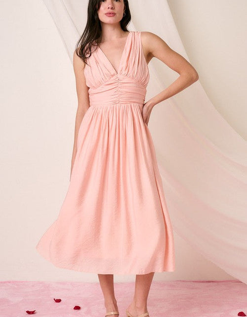 Load image into Gallery viewer, Mittoshop Ruched V-Neck Sleeveless Midi Dress
