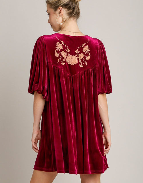 Load image into Gallery viewer, Umgee Embroidered Half Sleeve Velvet Mini Dress with Tassel
