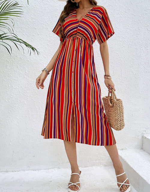 Load image into Gallery viewer, Perfee Slit Striped V-Neck Short Sleeve Midi Dress
