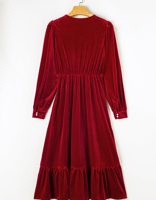 Load image into Gallery viewer, Olivia Velvet Buttoned Puff Sleeve V Neck Split Midi Dress by Poppy Lee Lane
