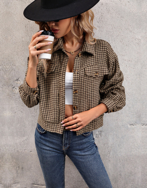 Load image into Gallery viewer, Perfee Houndstooth Collared Neck Button Up Jacket
