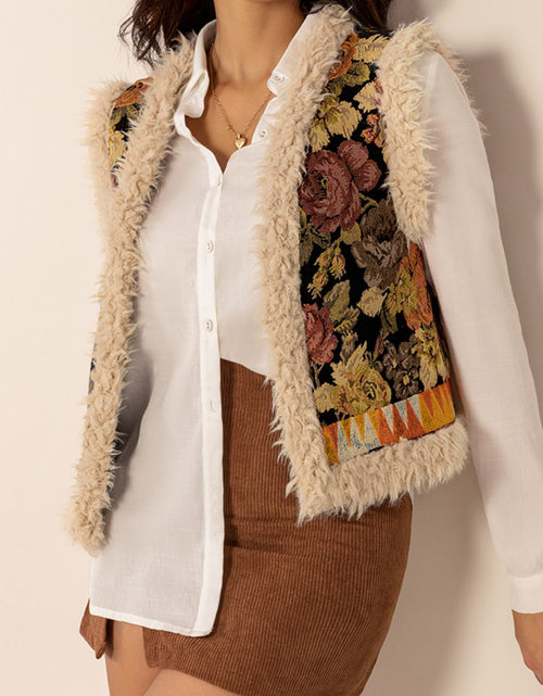 Load image into Gallery viewer, Embroidered Fuzzy Trim Open Front Vest Coat
