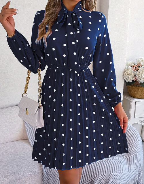 Load image into Gallery viewer, Polka Dot Tie Neck Pleated Dress
