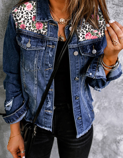 Load image into Gallery viewer, Mixed Print Distressed Button Front Denim Jacket
