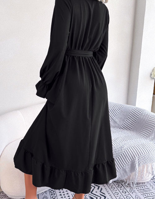 Load image into Gallery viewer, Contrast Belted Flounce Sleeve Dress
