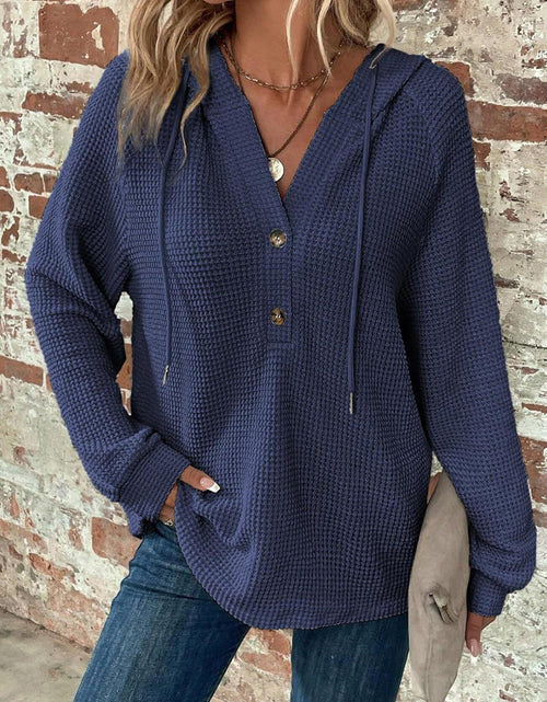 Load image into Gallery viewer, Waffle Knit Long Sleeve Drawstring Hooded Top
