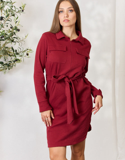 Load image into Gallery viewer, Culture Code Full Size Tie Front Half Zip Long Sleeve Shirt Dress
