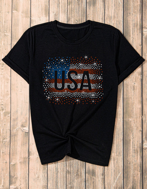 Load image into Gallery viewer, USA Rhinestone Round Neck Short Sleeve T-Shirt
