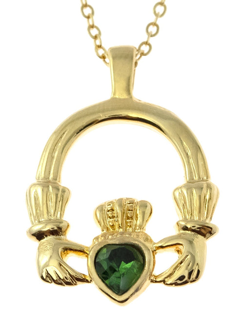 Load image into Gallery viewer, Vintage Claddagh Necklace Austrian Heart Crystal 18k Yellow Gold Electroplated Made in the USA by PVD Vintage Jewelry
