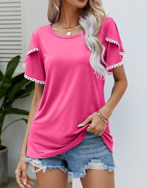 Load image into Gallery viewer, Pom-Pom Trim Flutter Sleeve Round Neck Tee
