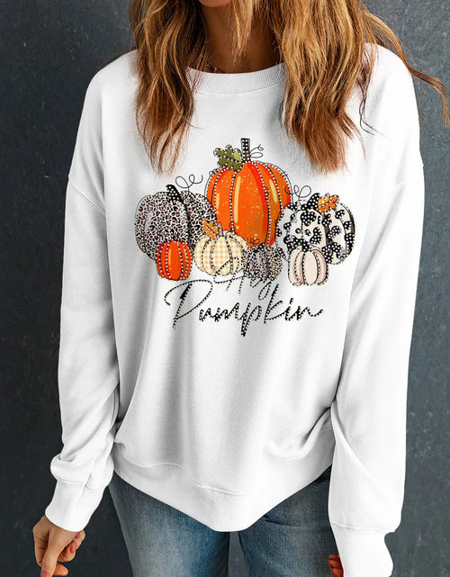 Load image into Gallery viewer, Pumpkin Graphic Round Neck Dropped Shoulder Sweatshirt
