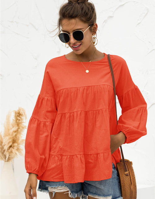 Load image into Gallery viewer, Round Neck Bubble Sleeve Tiered Blouse
