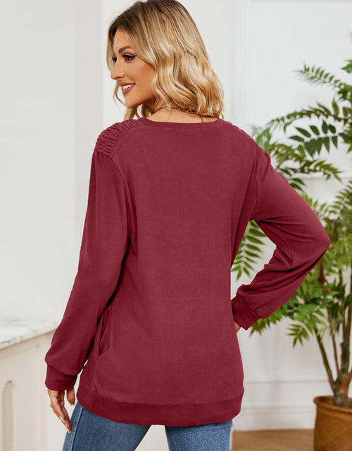 Load image into Gallery viewer, Ruched Shoulder Round Neck Long Sleeve Sweatshirt
