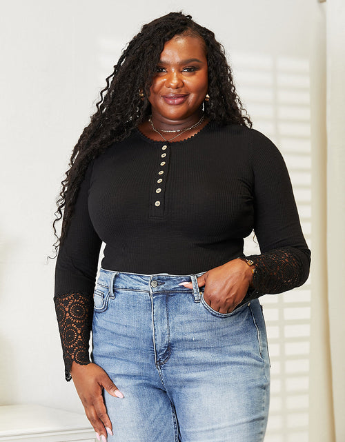 Load image into Gallery viewer, Double Take Crochet Lace Hem Sleeve Button Top
