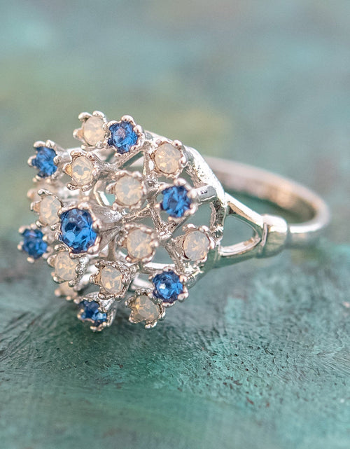 Load image into Gallery viewer, Vintage Ring Ruby Austrian Crystals and Pinfire Opals 18k White Gold Electroplate Made in the USA by PVD Vintage Jewelry
