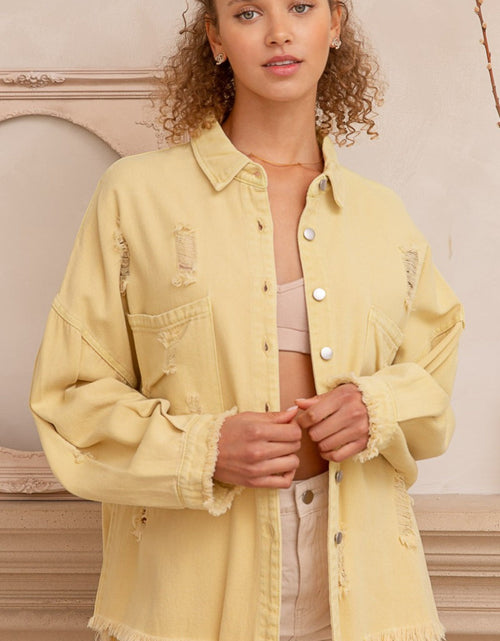 Load image into Gallery viewer, POL Button Down Raw Hem Distressed Shacket
