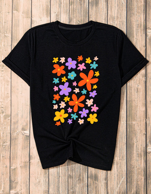 Load image into Gallery viewer, Flower Graphic Round Neck Short Sleeve T-Shirt
