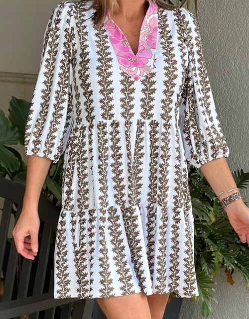 Load image into Gallery viewer, Printed Notched 3/4 Sleeve Mini Dress
