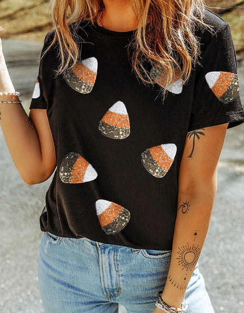 Load image into Gallery viewer, Sequin Round Neck Short Sleeve T-Shirt
