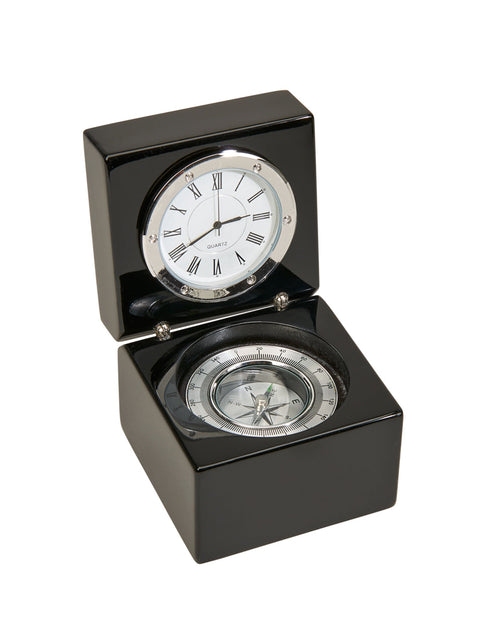 Load image into Gallery viewer, Black Square Wood Box with Clock &amp; Compass by Creative Gifts
