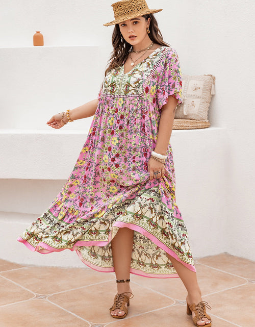 Load image into Gallery viewer, Plus Size Floral Tie Neck Flutter Sleeve Maxi Dress
