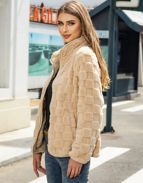 Load image into Gallery viewer, Fuzzy Checkered Zip Up Jacket
