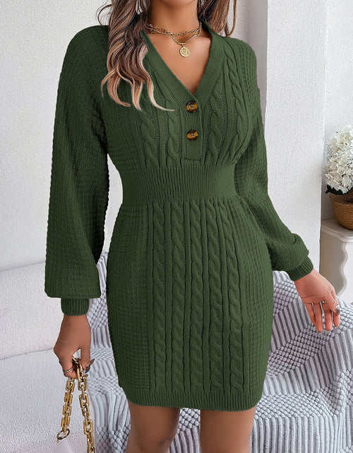 Load image into Gallery viewer, Buttoned Cable-Knit V-Neck Sweater Dress
