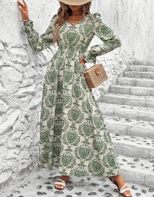 Load image into Gallery viewer, Smocked Printed V-Neck Flounce Sleeve Dress
