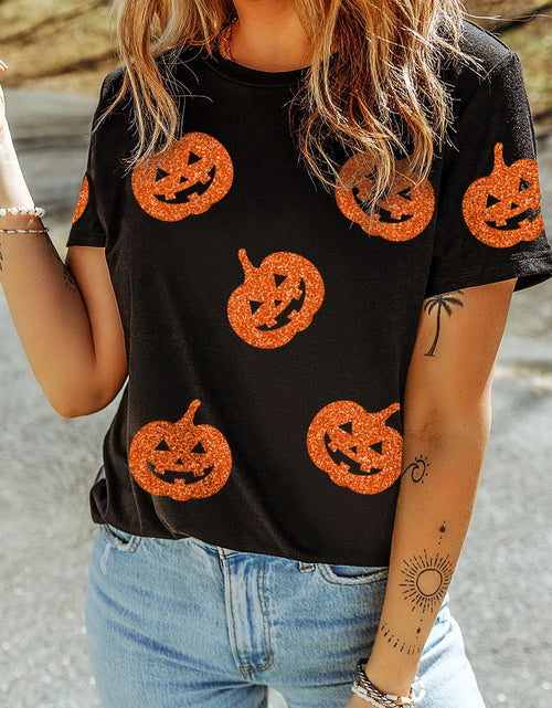 Load image into Gallery viewer, Full Size Glitter Jack-O'-Lantern Round Neck Short Sleeve T-Shirt
