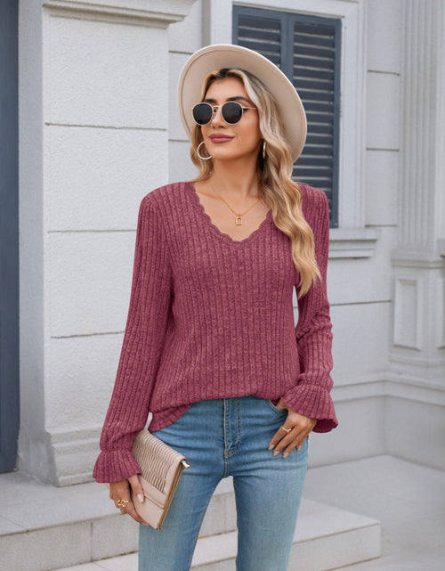 Load image into Gallery viewer, Lace Detail V-Neck Long Sleeve T-Shirt

