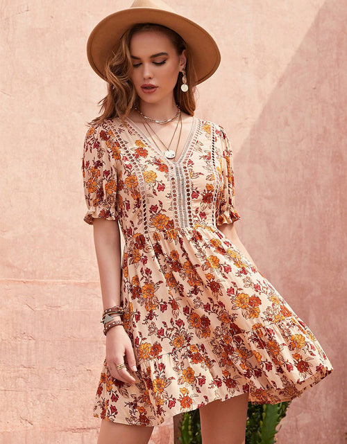 Load image into Gallery viewer, Floral V-Neck Flounce Sleeve Ruffle Hem Dress
