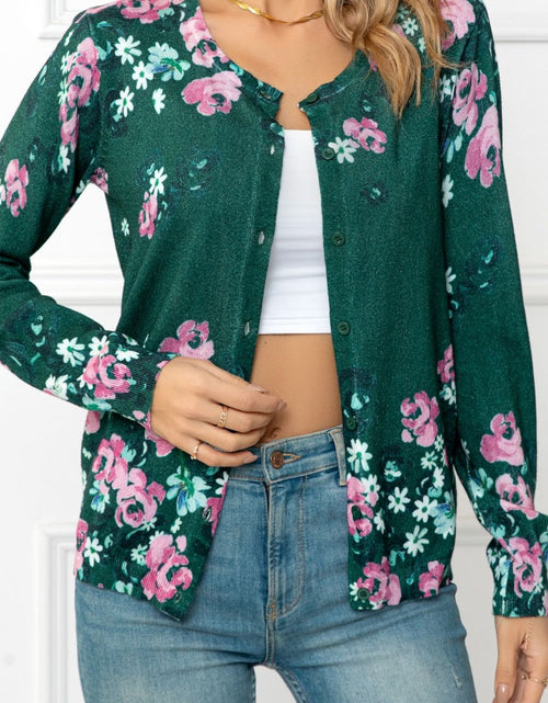 Load image into Gallery viewer, Woven Right Floral Button Front Round Neck Cardigan
