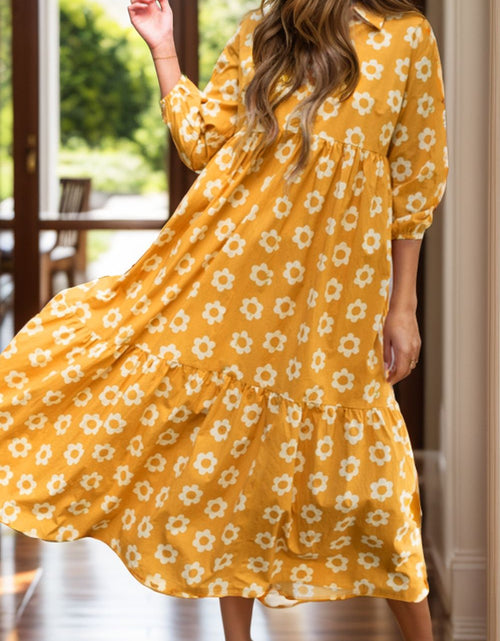 Load image into Gallery viewer, Floral Collared Neck Three-Quarter Sleeve Dress
