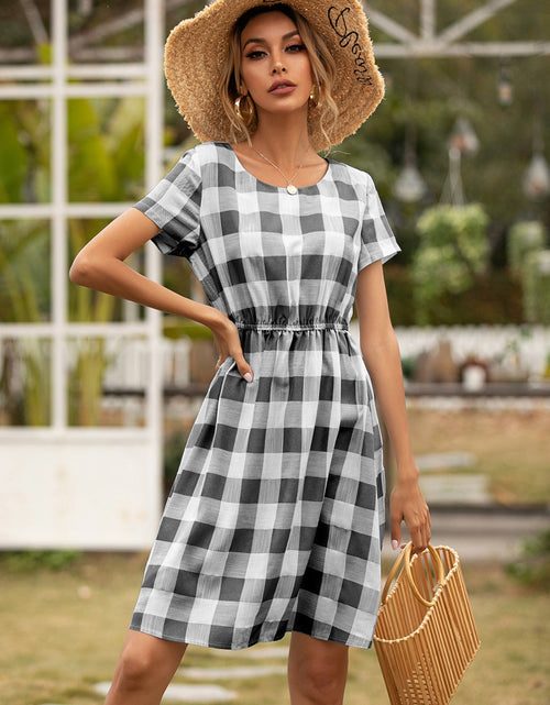 Load image into Gallery viewer, Ivy Lane Smocked Plaid Round Neck Short Sleeve Dress
